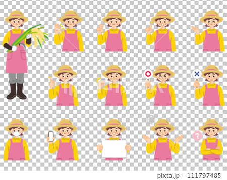 中年農婦臉部表情與手勢插畫素材集 111797485