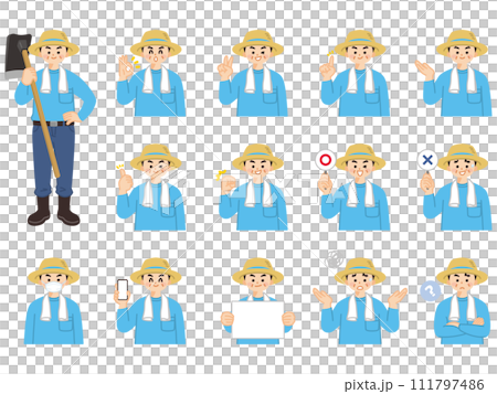 農家の中年男性　表情とジェスチャーのイラスト素材セット 111797486