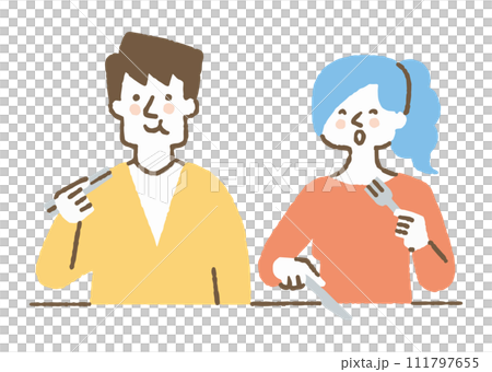 A man with chopsticks and a woman with a fork and knife_color 111797655