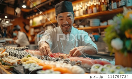 伝統的な日本料理、寿司を準備する寿司職人 伝統的な日本料理、寿司を準備する寿司職人 111797784