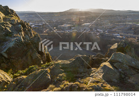Amazing Edinburgh Cityscape seen from the top of Salisbury Crags. Amazing Edinburgh Cityscape seen from the top of Salisbury Crags. 111798014