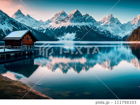 冬の水面に映る雪の積もる山々 AI生成画像 冬の水面に映る雪の積もる山々 AI生成画像 111798103