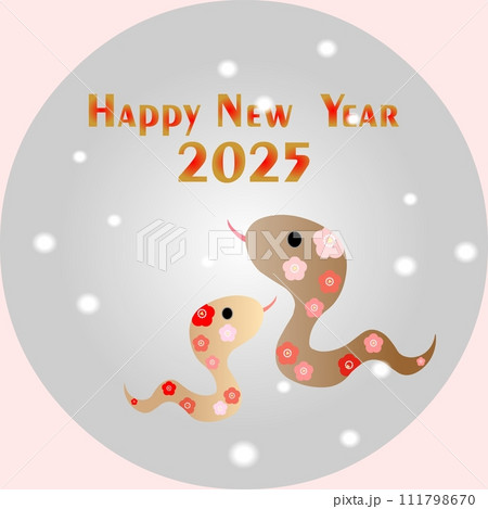 可愛い巳のスタンプ　雪背景　Happy New Year 2025　 111798670