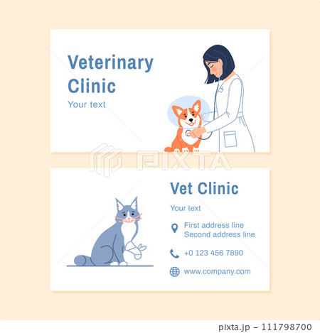 Veterinary business card template with text copy space for contact information, website, phone. Young veterinarian with dog, cat visiting card design. Flat line vet clinic creative vector illustration 111798700