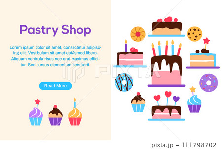 Pastry shop banner flyer brochure template with button and copy space for text. Colorful baked yummy food circle concept design Dessert elements for cafe restaurant web page flat illustration. Pastry shop banner flyer brochure template with button and copy space for text. Colorful baked yummy food circle concept design Dessert elements for cafe restaurant web page flat illustration. 111798702