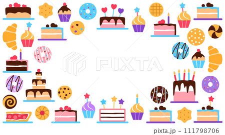 Pastry horizontal background with text space. Colorful baked healthy food frame or visit card design. Dessert elements donut cake muffin croissant for business card design flat illustration. 111798706