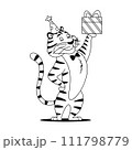 Coloring page. Funny cartoon tiger with Birthday present on a white background. Cute animal character for kids preschool activity. Black and white outline sketch. Coloring book illustration. 111798779