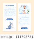 Vet clinic flyer or vertical banner with copy space, button, cat with a bandaged injured paw. Young veterinarian, Welsh corgi in protective cone on veterinary background. Flat line illustration 111798781