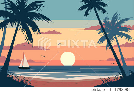 Flat Design of Boat Sailing on the Sea with Colorful Sky at Sunset 111798906
