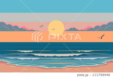 Flat Design of Beautiful Beach Landscape with Colorful Sky at Sunset 111798946