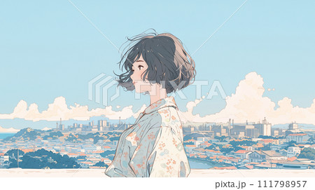 海のある街で遠くを見る女性のイラスト 海のある街で遠くを見る女性のイラスト 111798957