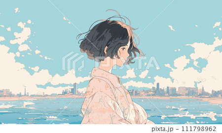 海のある街で遠くを見る女性のイラスト 海のある街で遠くを見る女性のイラスト 111798962
