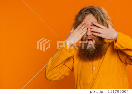 Afraid shocked Caucasian man closing eyes confused shy scared reject to watch phobia shame stress 111799004