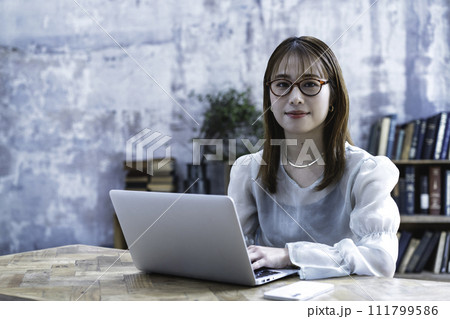 シックな部屋でノートパソコンを使う若い女性 111799586