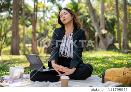 A carefree Asian businesswoman working remotely at a park on a bright day, working on her tablet. A carefree Asian businesswoman working remotely at a park on a bright day, working on her tablet. 111799955