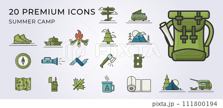 set of summer camping adventure icon symbol vector illustration design, bundle icon of camping equipment 111800194
