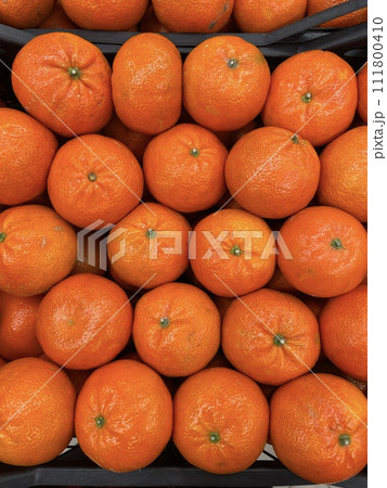 Boxes with Orange mandarins laid in rows in a supermarket or local market fruit crate. Top view Boxes with Orange mandarins laid in rows in a supermarket or local market fruit crate. Top view 111800410