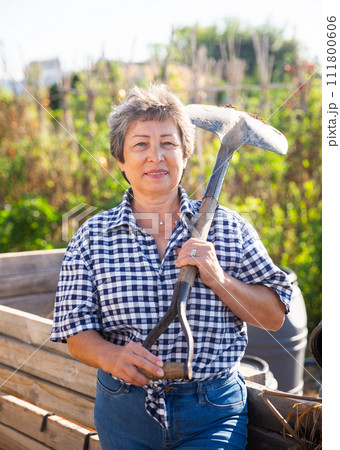 Happy smiling elderly woman in vegetable garden 111800606