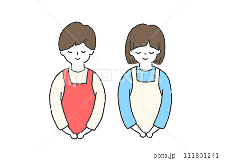エプロンをつけた女性と男性のお辞儀イラストセット 111801241