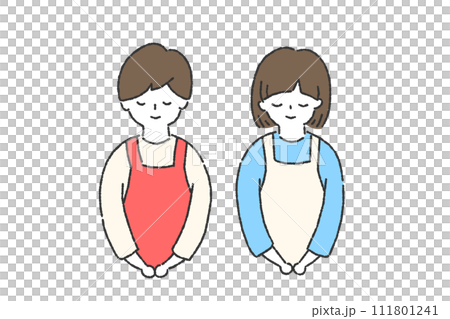 エプロンをつけた女性と男性のお辞儀イラストセット 111801241
