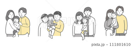 若い3人家族の上半身イラストセット 111801610