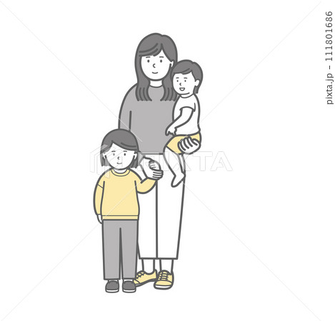 小さい子供2人と若い女性、母親の全身イラスト 111801686