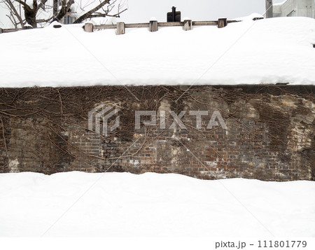 冬の旧国鉄手宮線廃線跡(橋台)と積雪。北海道小樽市内。 冬の旧国鉄手宮線廃線跡(橋台)と積雪。北海道小樽市内。 111801779