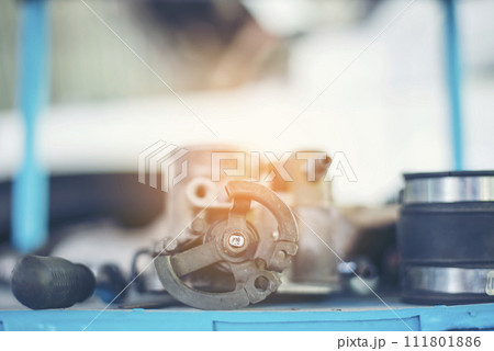 Heavy screw grungy rusted wrenches dirty screwdriver object. Industrial hardware set. Mechanic tools engineering equipment car auto repair shop with copy space. Blurred background mechanical service 111801886