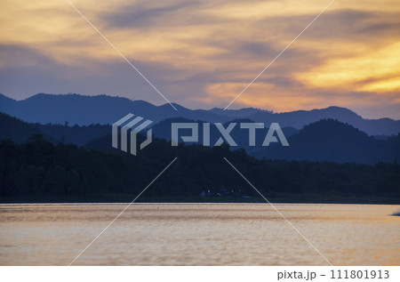 Tropical sea beach in summer time on sunny day. Golden sand beach sea peaceful scenery on the beach. Travel vacation seaside outdoor. Ocean island beautiful dramatic landscape. Sunny seascape scene. 111801913