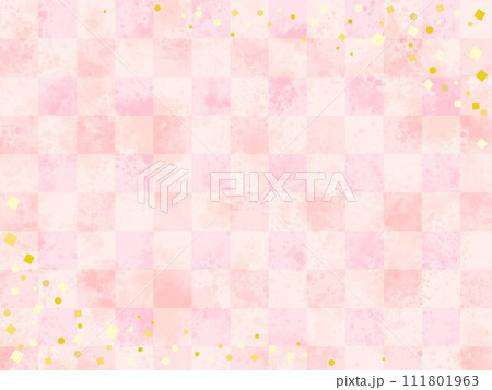お祝いやイベントに使える金箔が華やかな桃色の市松模様背景 111801963