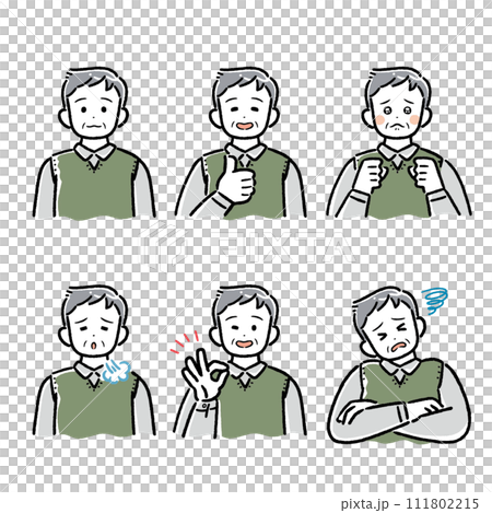 太線タッチのシニア男性セットイラスト(アイコン、アバター、笑う、泣く、落ち込む、OK、NG ) 111802215