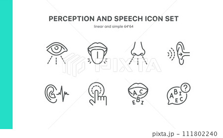 Perception and Speech Icon Set. Thin Linear Illustrations of Vision, Hearing, Taste, Smell, Touch, Communication. Isolated Vector Signs. 111802240