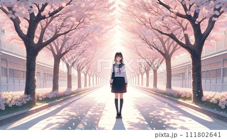 桜並木の制服女子 111802641