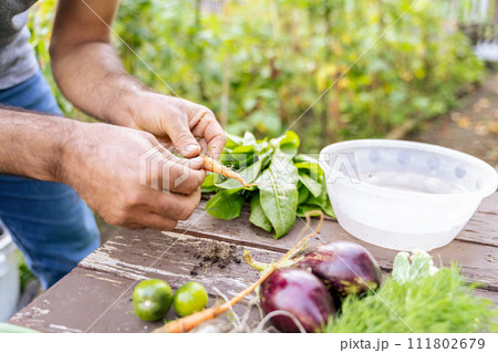 A man is preparing ingredients for a recipe, cutting carrots on a wooden table A man is preparing ingredients for a recipe, cutting carrots on a wooden table 111802679