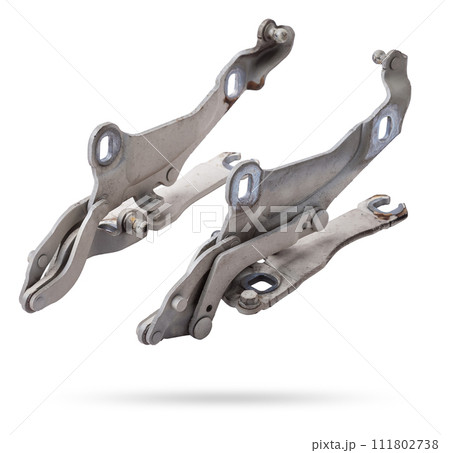 Pair of hinges for attaching the hood or trunk of the car on a white isolated background. Auto parts for catalog and repair of vehicles. 111802738