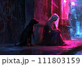 a woman is sitting next to a black dog in a dark alleyway 111803159