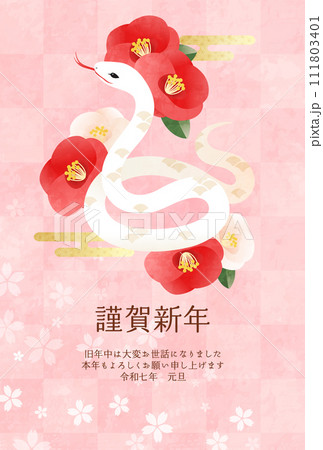 巳と紅白の椿の花の2025年巳年の年賀状テンプレート(ベクターイラスト,蛇) 111803401