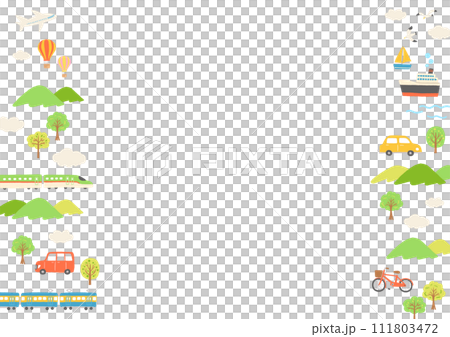 Illustration of a landscape with vehicles, mountains and trees Illustration of a landscape with vehicles, mountains and trees 111803472