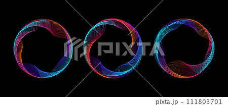Neon iridescent gradient dotted circle set. Colorful glowing round tech frame collection. Curved wave dot line circles on black background. Bright spinning circular border pack. Vector element bundle Neon iridescent gradient dotted circle set. Colorful glowing round tech frame collection. Curved wave dot line circles on black background. Bright spinning circular border pack. Vector element bundle 111803701