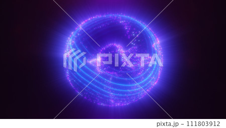 Abstract blue purple glowing digital high-tech futuristic energy plasma sphere with lines and particles on dark black background 111803912