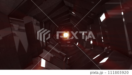 Abstract metallic shiny dark black polyhedral tunnel frame from lines of hexagonal edges, mechanical high-tech tunnel futuristic, abstract background Abstract metallic shiny dark black polyhedral tunnel frame from lines of hexagonal edges, mechanical high-tech tunnel futuristic, abstract background 111803920