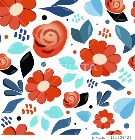 Seamless vector pattern with drawn flowers and leaf. Red blue background in flat design. For textile Seamless vector pattern with drawn flowers and leaf. Red blue background in flat design. For textile 111805422