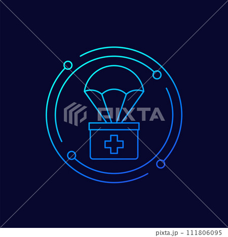 humanitarian aid icon with parachute, line design 111806095
