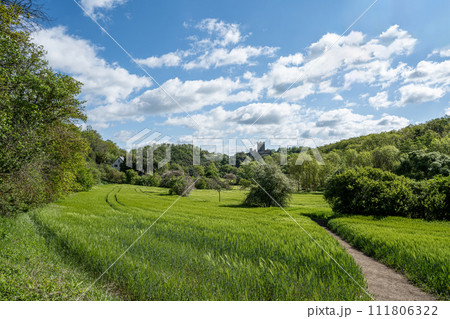 Panoramic image of old Wernerseck castle during Summer in Eifel, Rhineland-Palatinate, Germany near Town OCHTENDUNG 111806322