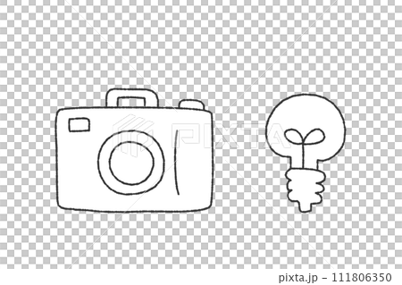 カメラと豆電球の線画イラストセット カメラと豆電球の線画イラストセット 111806350