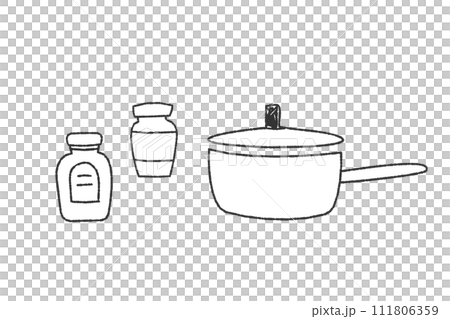 鍋と瓶/キッチンの風景/モノクロの線画イラストセット 鍋と瓶/キッチンの風景/モノクロの線画イラストセット 111806359