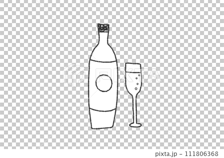 Hand-drawn style monochrome line drawing illustration of a glass with wine Hand-drawn style monochrome line drawing illustration of a glass with wine 111806368