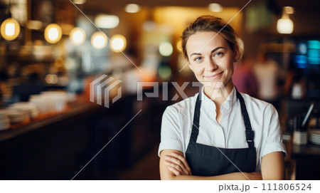 カフェで働く笑顔の女性 woman working in Barista cafe カフェで働く笑顔の女性 woman working in Barista cafe 111806524