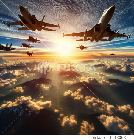 夕焼けに染まる飛行機 111806819