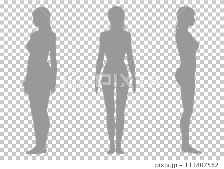 中長女性上半身正面、側面和對角線輪廓的插圖集 111807582
